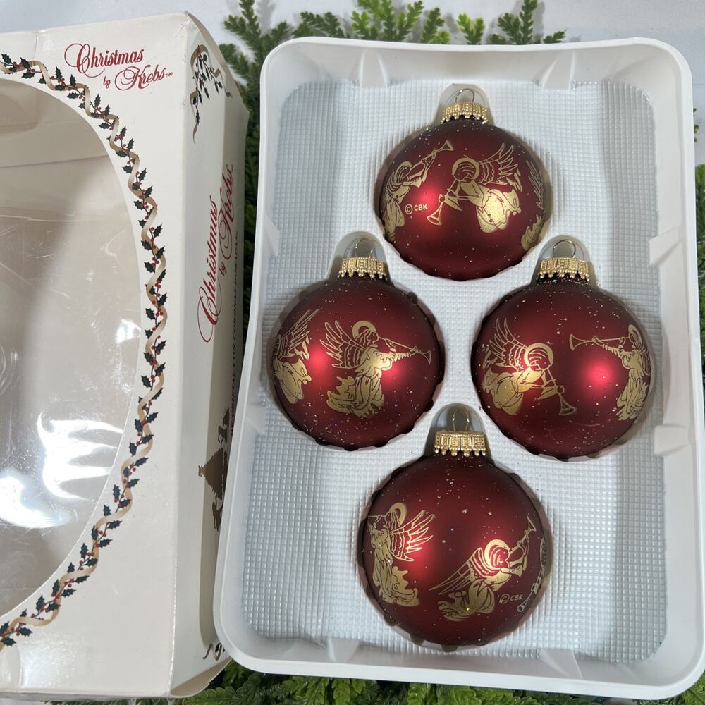 Vintage Christmas by Krebs Burgundy Gold Angels Ball Ornaments Set of 4 Glass